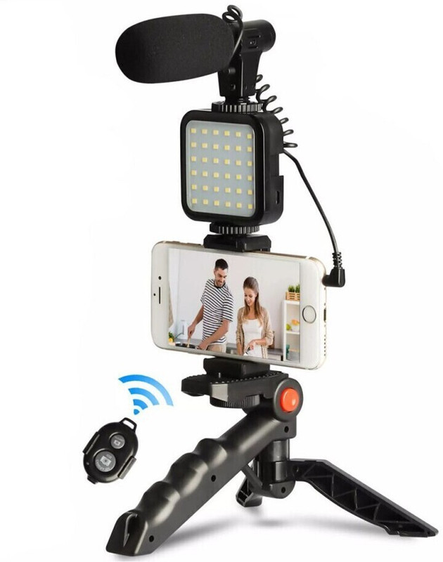 Rangwell Mobile Vlogging Kit with Microphone Tripod Stand and LED Light Vlogging Mobile Tripod Kit(Black, Supports Up to 1000 g)