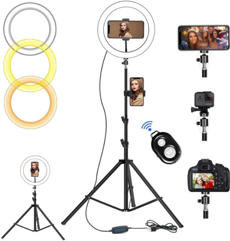 MOTOFLY New Bluetooth Metal tripod stand with dimable ring light 10 brightness level Tripod Kit(Multicolor, Supports Up to 500 g)