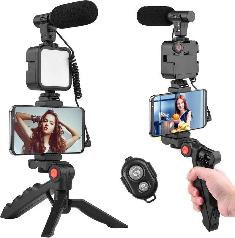KRUNiQ 6 in 1 Mobile Vlogging Kit, Video Recording Kit with Microphone, Tripod Stand Tripod Kit(Multicolor, Supports Up to 1000 g)