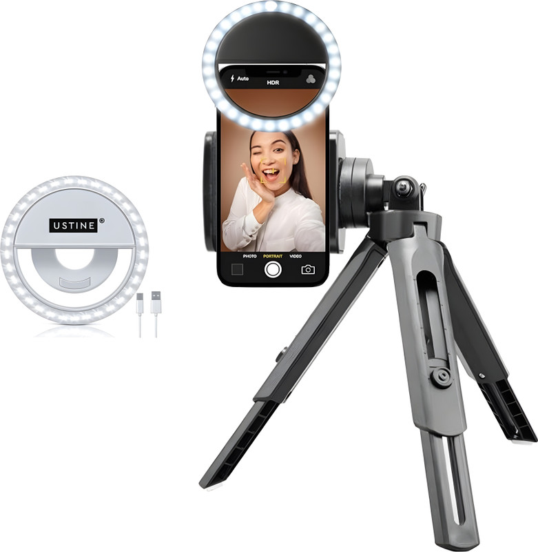 USTINE Mini Tripod Stand + Rechargeable Selfie Ring Light Tripod Kit(Basic Kit, Supports Up to 1999 g)
