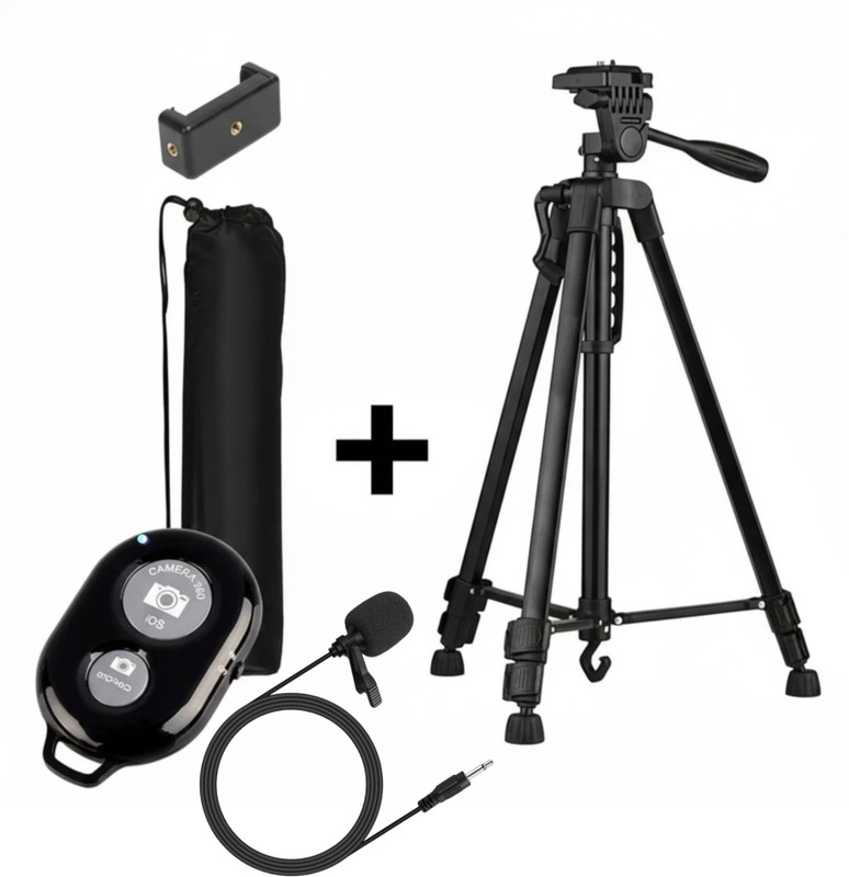 theprintingzone Portable Lightweight Aluminum Tripod with Shutter Button,Collar Mic,Phone Holder Tripod Kit, Tripod, Monopod Kit(Black, Supports Up to 5000 g)