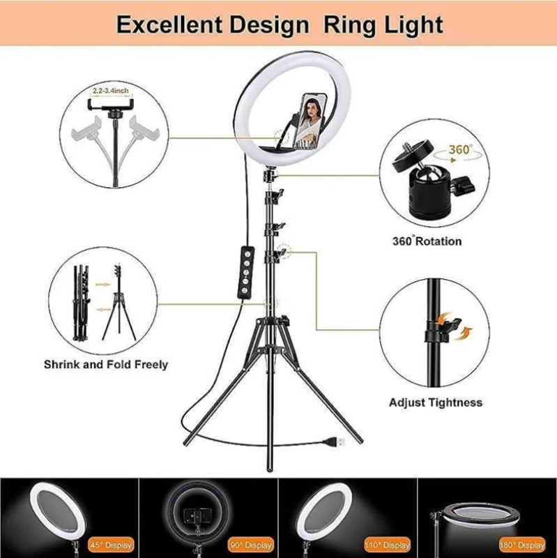 MOTOFLY 10" Selfie LED Light, Phn Holder, 7Ft Long Stand,360'5m long collar mic-kit Tripod Kit(Golden, White, Supports Up to 500 g)