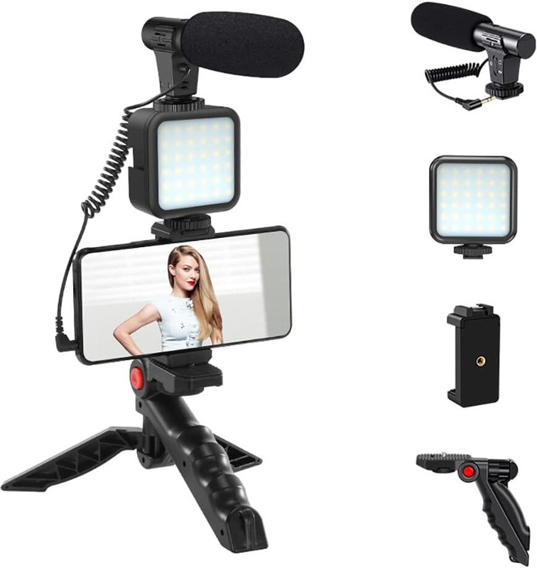 Deoxys Vlogging Kit with Light and Microphone Pistol Grip Tripod Tripod Kit(Black, Supports Up to 1000 g)
