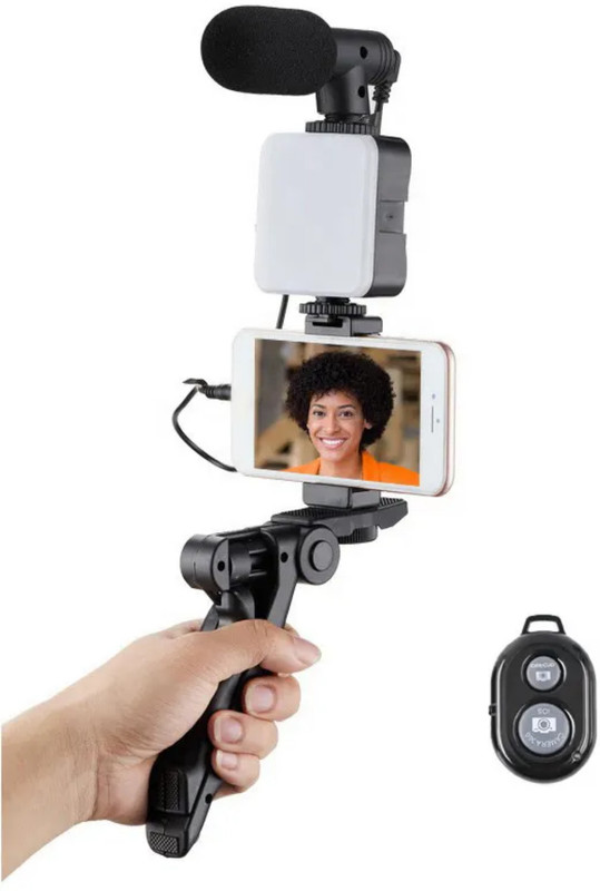Gadgetturbo AY-49 Video Making Vlogging Kit with Microphone and LED Light for Mobile Tripod Kit(Black, Supports Up to 300 g)