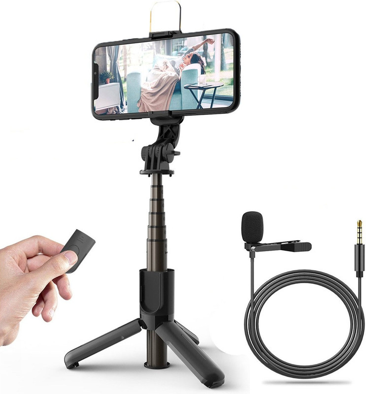 POZUB Mobiles Video Stand Bluetooth Selfie Stick with Selfie Light+Collar Microphone Tripod, Tripod Bracket, Tripod Clamp(Black, Supports Up to 600 g)