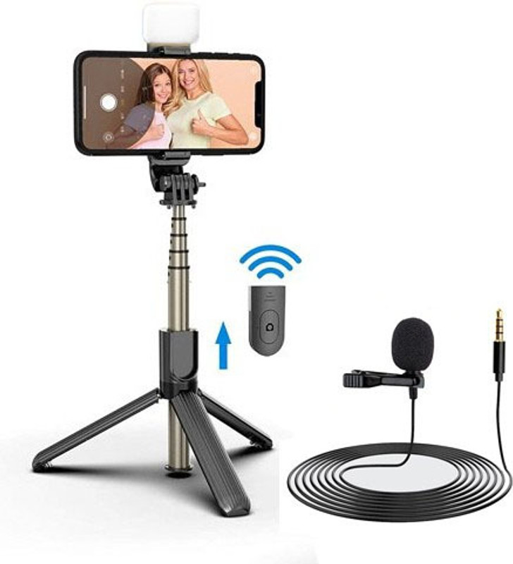 POZUB 3in1 Bluetooth Extendable Selfie Stick with Flash,Tripod Stand+Collar Microphone Tripod(Black, Supports Up to 600 g)