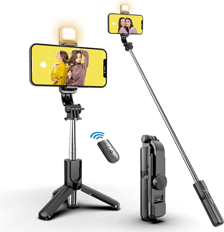 TAKEOVERHUB R1S SELFIE STICK WITH REMOTE & SELFIE LIGHT BLUETOOTH SELFIE STICK T68 Tripod(Multicolor, Supports Up to 1000 g)