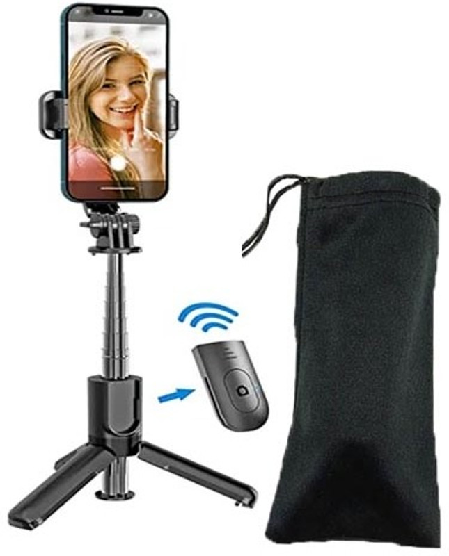 BUFONA Portable Adjustable 3in1 Bluetooth Selfie Stick, Extendable Mobile Stand Holder Tripod, Tripod Kit, Monopod(Black, Supports Up to 500 g)