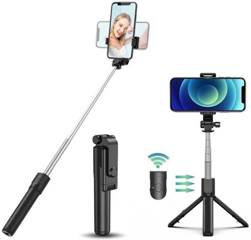 G2L HOT SELLING R1 Foldable Wireless Extendable Selfie Stick Monopod Phone Holder Tripod, Monopod Kit, Tripod Clamp(Black, Supports Up to 400 g)