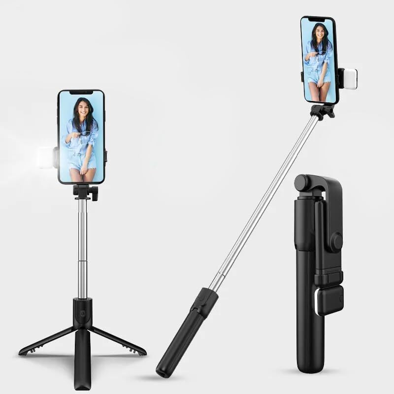 AnasTraders R1S Selfie Stick Tripod, 74cm Extendable, LED Light, Bluetooth Tripod Ball Head(Black, Supports Up to 500 g)