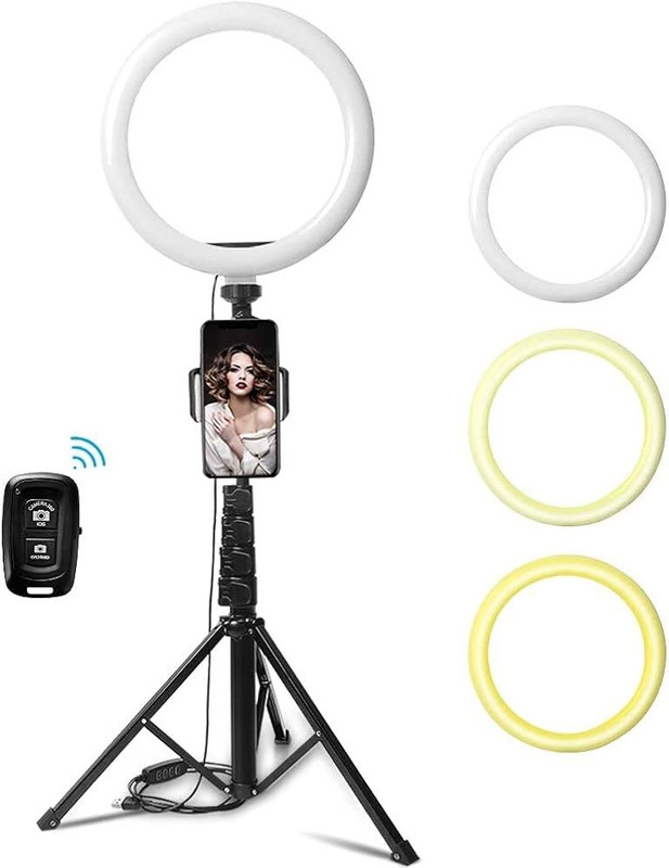 Congi 10"Selfie Light 7Ft Long tripod 5m long collar mic, remote Kit Tripod(Multicolor, Supports Up to 1500 g)