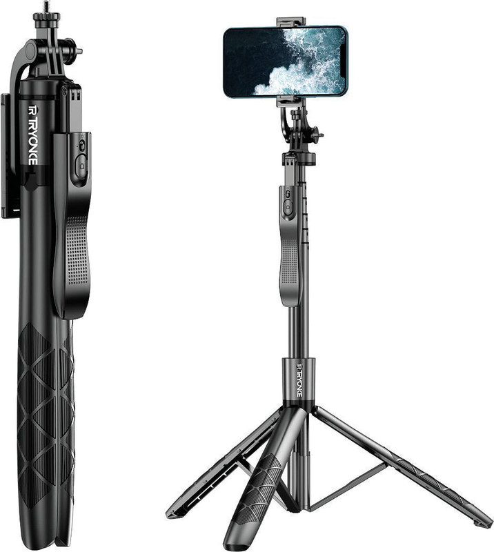 Tryonce 4-in-1 Selfie Stick Tripod 5.2 Feet Long with Stable Handle and Bluetooth Remote Tripod(Black, Supports Up to 1500 g)