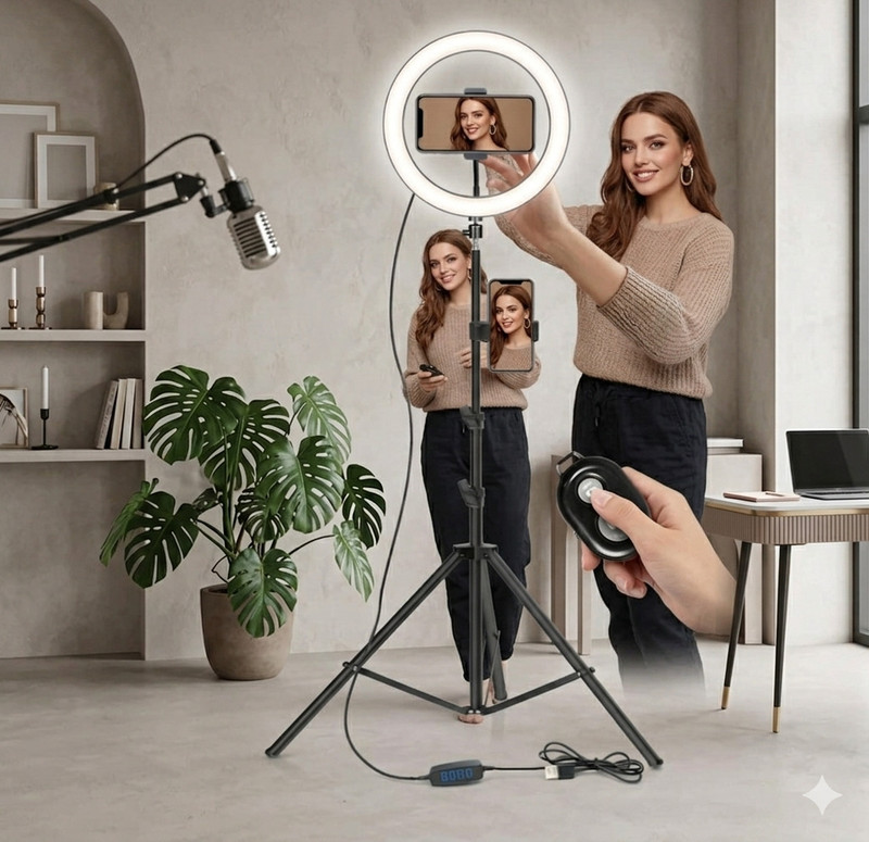 BESTFLY Strong metal Black tripod stand with ring light for phography and video Tripod(Black, Supports Up to 2000 g)