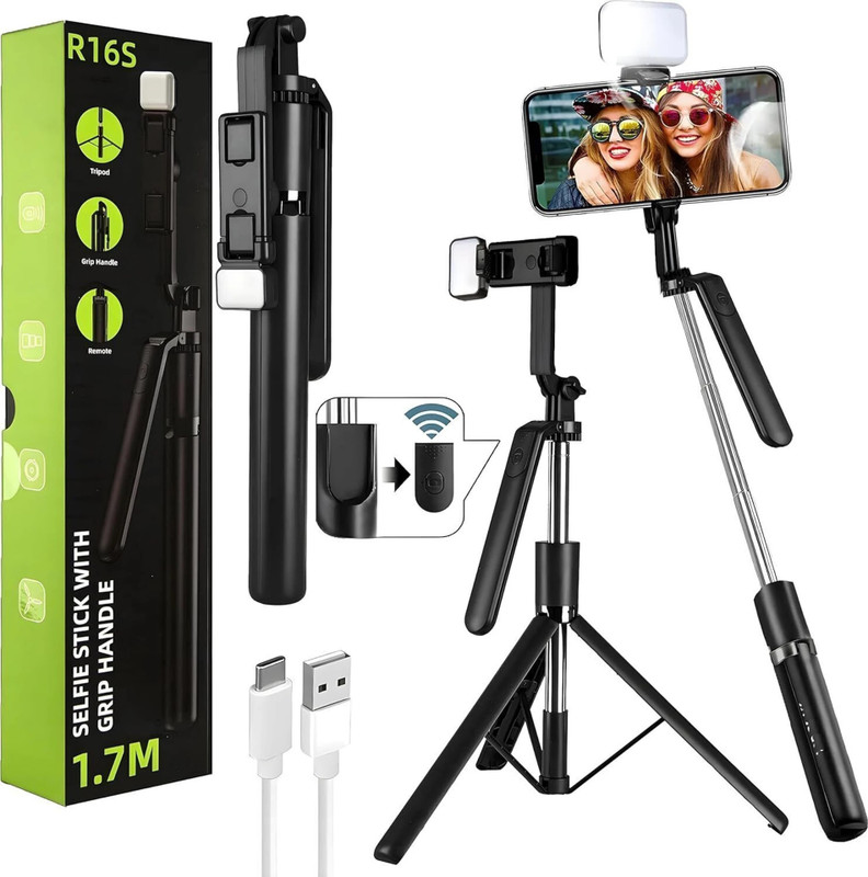 BKC R16S 360° Rotation Long Selfie Stick with Light Tripod, Monopod Kit, Tripod Kit(Black, Supports Up to 1400 g)