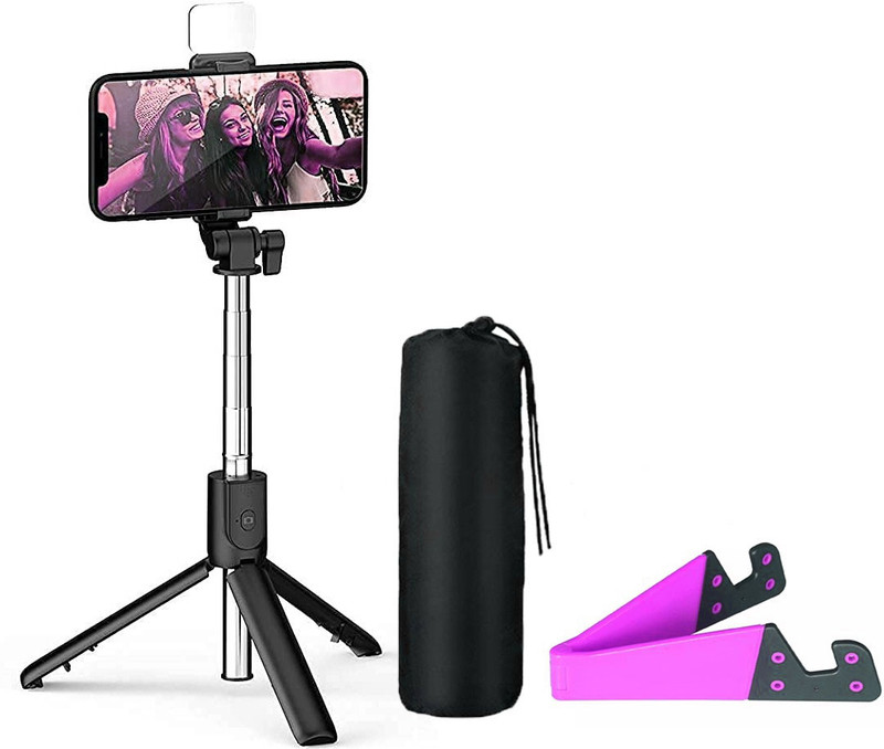 POZUB 3in1 Selfie sticks Flash Light Video Stand Holder Gimbal+Carry Bag Phone Holder Tripod, Monopod, Monopod Kit, Tripod Ball Head, Tripod Bracket, Tripod Clamp, Tripod Kit(Black, Supports Up to 600 g)
