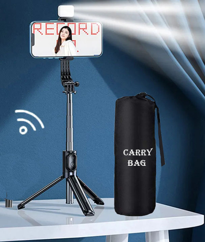 BUFONA R1s Selfie Stick Bluetooth Remote with LED Fill Light+Carry Bag Tripod Stand Tripod, Monopod, Monopod Kit, Tripod Kit, Tripod Bracket, Tripod Clamp(Black, Supports Up to 600 g)
