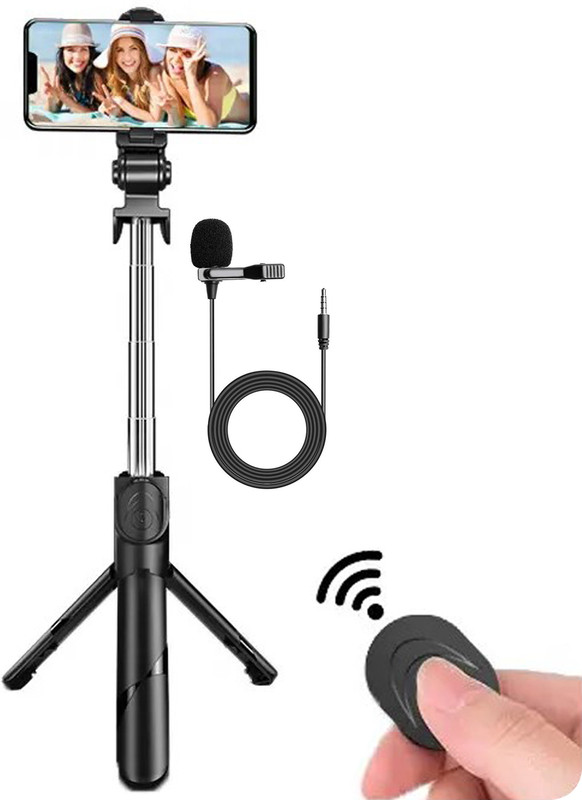 MOOZMOB Mobile Tripod Stand with Mic for Vlogging and Video Recording Tripod, Monopod(Black, Supports Up to 300 g)