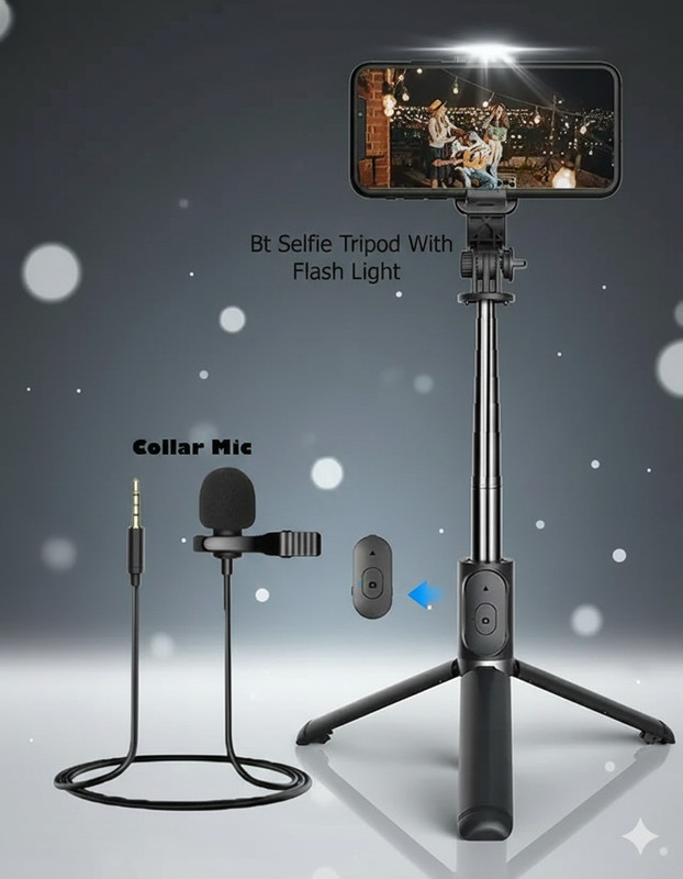 airtech Selfie stick Tripod + Collar Mic | Wireless Remote | Inbuilt Led Flash Tripod Kit, Tripod, Monopod(Black, Silver, Supports Up to 1999 g)