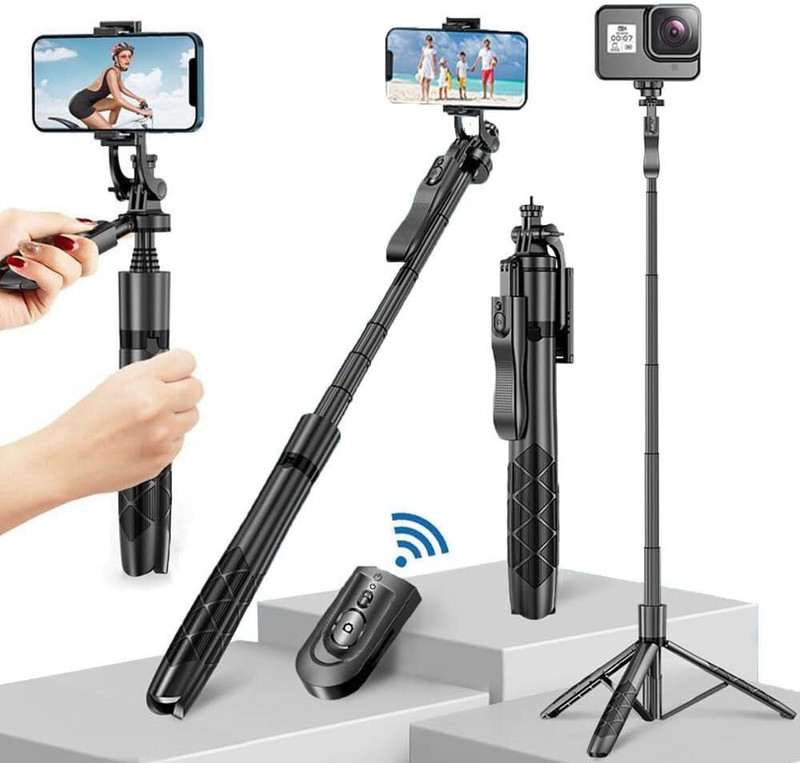 eloies L16 Selfie Stick Phone Tripod with Remote 60"Tripod Stand for iPhone Camera 360° Tripod(Video Recording Vlog Tavel Live Stream etc, | bluetooth shutter remote., Black, Supports Up to 450 g)