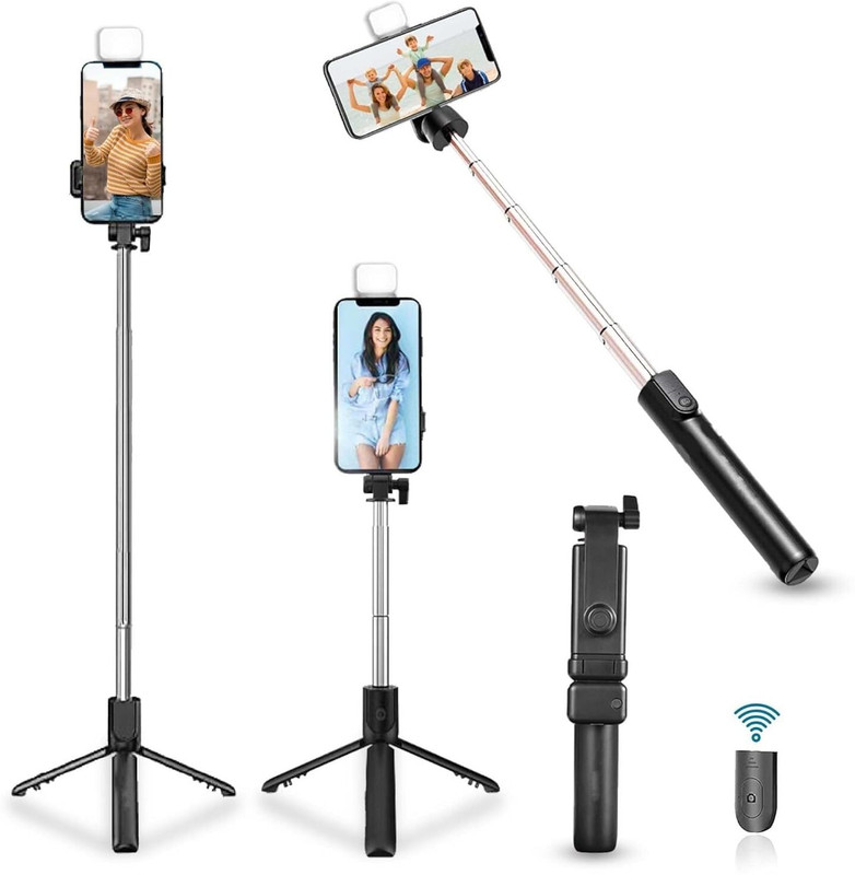 IIXINITE R1s Selfie Stick with LED Light, Tripod Stand with Bluetooth Wireless Remote Tripod, Monopod Kit, Tripod Ball Head, Tripod Kit Bluetooth Selfie Stick(Black, Remote Included)
