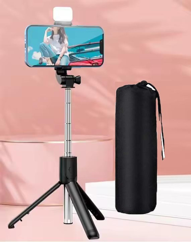 POZUB Durable R1s Bluetooth Selfie Stick Stand Holder 3in1 Multifunctional design+Bag Tripod, Monopod, Tripod Kit, Tripod Clamp(Black, Supports Up to 500 g)