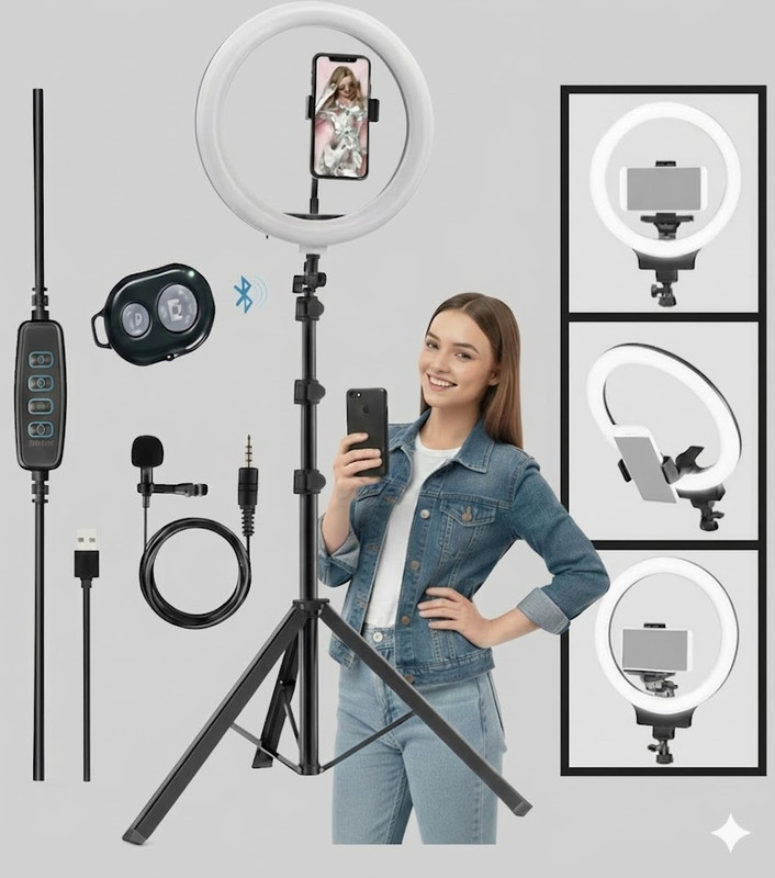BESTFLY AJ 10"Selfie Light 7Ft Long tripod with remote control and long caller mic Tripod, Tripod Kit, Tripod Ball Head, Monopod Kit(White, Supports Up to 2998 g)