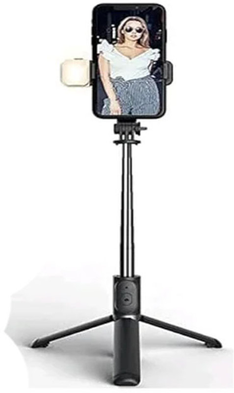BUFONA Selfie Stick Tripod with Fill Light, All in One Extendable Remote Selfie Stick Tripod, Tripod Kit, Monopod, Monopod Kit, Tripod Clamp(Black, Supports Up to 600 g)