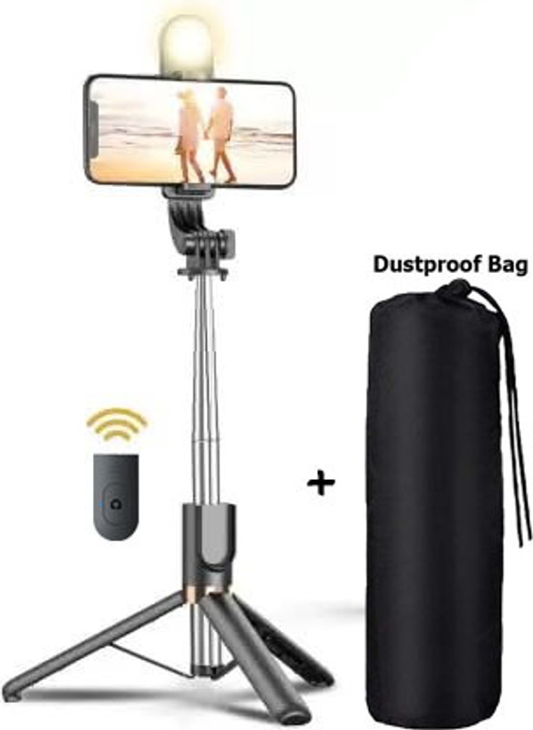 BUFONA Selfie Stick Tripod With Flash Light 4in1 Bluetooth Selfie Mobile Stand+Bag Tripod, Tripod Kit, Monopod, Monopod Kit(Black, Supports Up to 700 g)