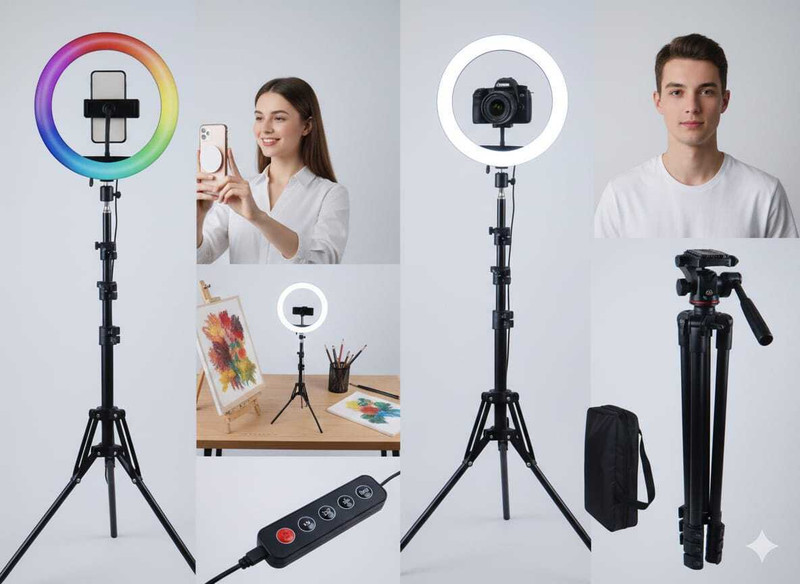 airtech Strong metal Black tripod stand with RGB ring light for phography and video Tripod, Tripod Kit(Black, Black, Supports Up to 1999 g)