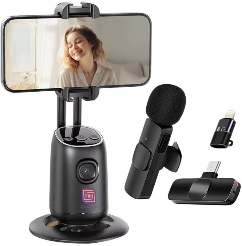 FKU P05 Auto Face Tracking AI Gesture Control + Wireless Mic with Selfie Stick Stand Tripod(Black, Supports Up to 250 g)