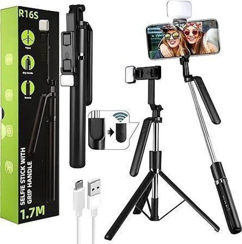 Pharaoh R16S 3-in-1 Selfie Stick Tripod Stand with Wireless Remote and LED Flash Tripod, Monopod Kit, Tripod Kit(Black, Supports Up to 1500 g)