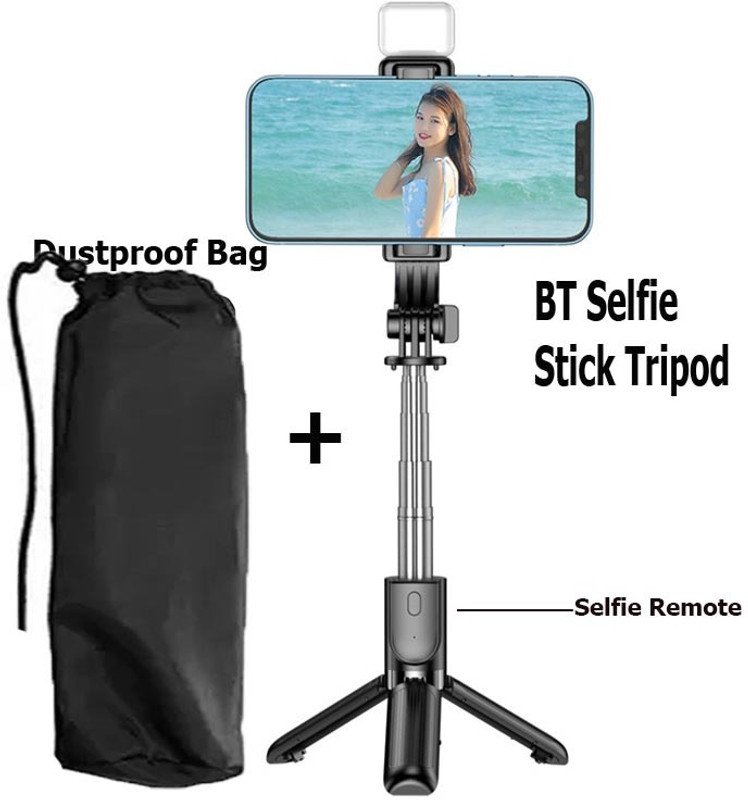 POZUB Extendable Bluetooth Remote Selfie Stick Stand for Mobile Phone,LED Light Tripod, Monopod, Tripod Kit, Tripod Clamp(Black, Supports Up to 500 g)