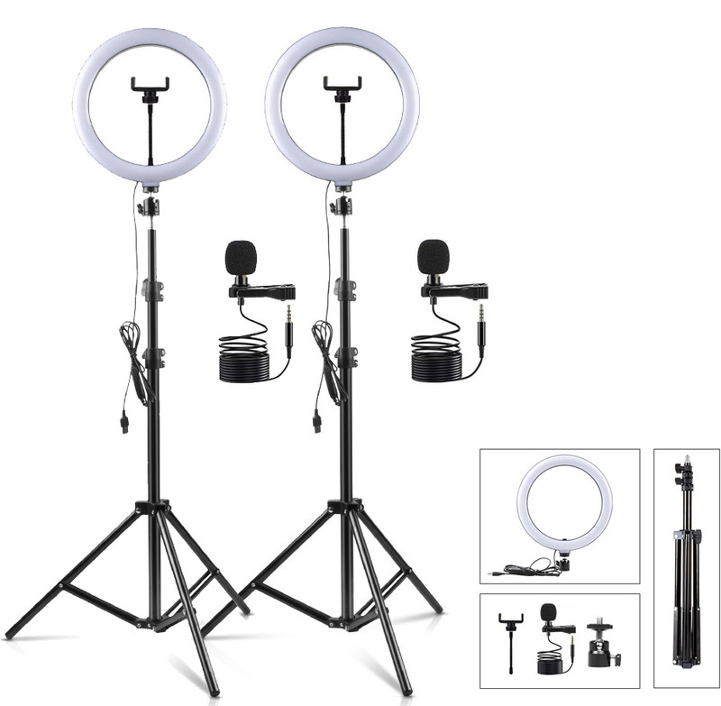 ADZOY 2-Pack of 7 Feet Tripod, 10 Inch Ring Light & Metal Collar Microphone Tripod(Black, White, Supports Up to 2500 g)
