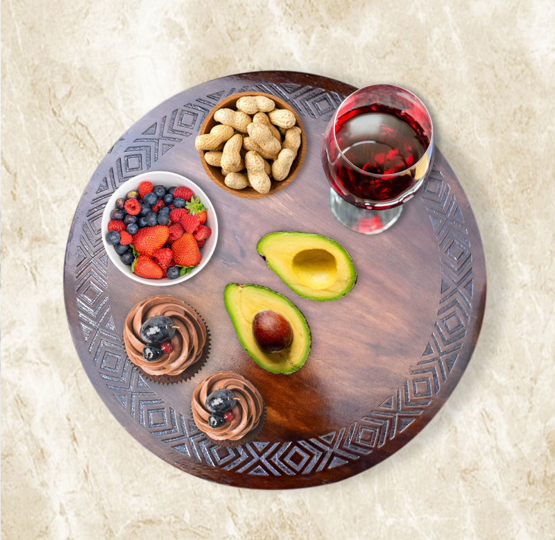 Green Decor Wood Engraved Lazy Susan (Tribal Abstract) 16x16 inches Walnut Trivet(Pack of 1)
