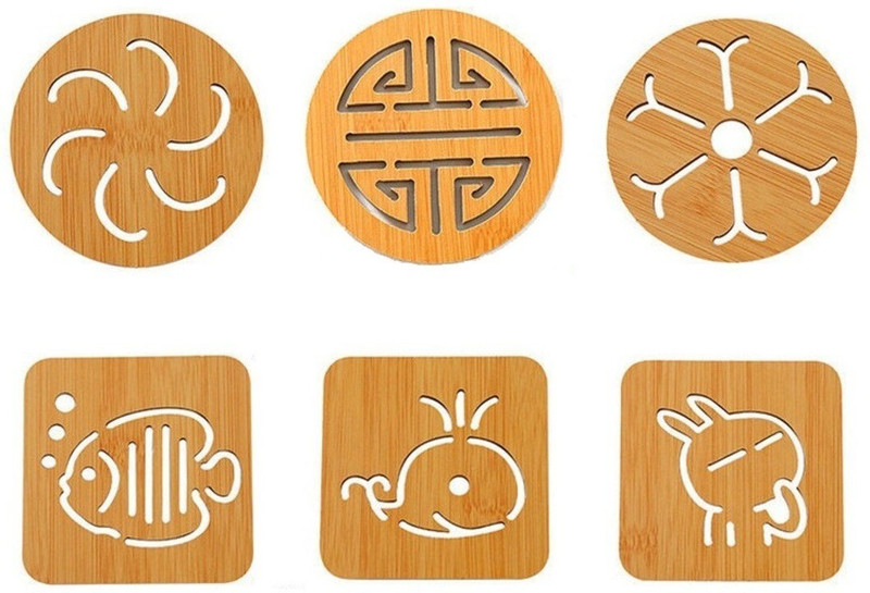 HEXONIQ Wooden-Bamboo Trivet , Wooden Heat Resistant Mat, Wooden Non-Slip Insulation Table Mat for Pots, Pans, Plates, Dishes, Teapots (Random Pattern) Wooden Trivet(Pack of 6)