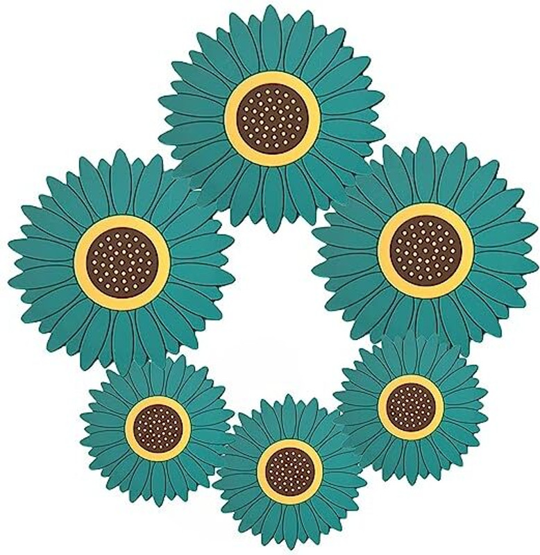 Besillia Sunflower Table Mat Cup Mat Bowl Mat Anti-Scalding Silicone Placemat in 2 Size (15cm, 10cm)Green Trivet(Pack of 6)