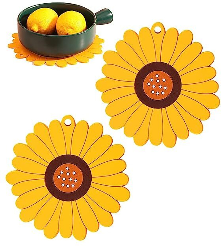 Besillia Silicone Mat for Hot & Cold Pot - Cute Sunflower Shaped Table mat Waterproof & Heat Resistant up To 300°F, Protect Your Furniture from Damage,Yellow Trivet(Pack of 2)