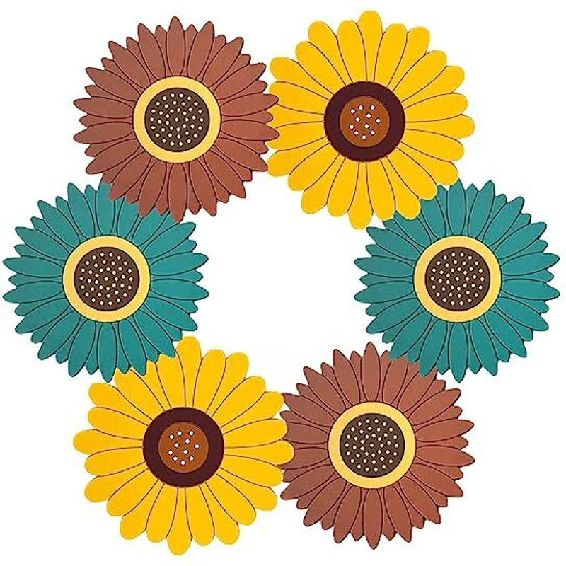 Besillia Silicone Sunflower Coasters - Anti-Hot & Foldable Trivet Mat Coaster for Table Protection & Home Decor - Washable & Reusable, Random Trivet(Pack of 6)