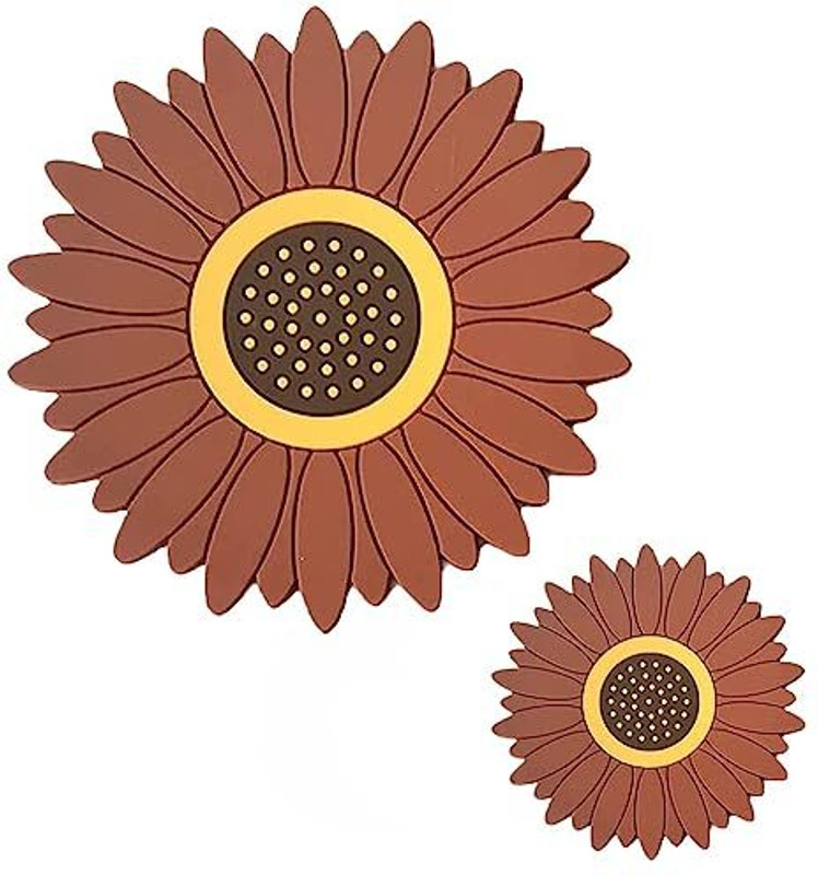 Besillia Creative Sunflower Coasters Set - Non-Slip- Heat Insulated Pad for Home Kitchen, Dining Room, Tea & Coffee Table, Mat in 2 Size(Big-20cm,Small-10cm)Brown Trivet(Pack of 2)