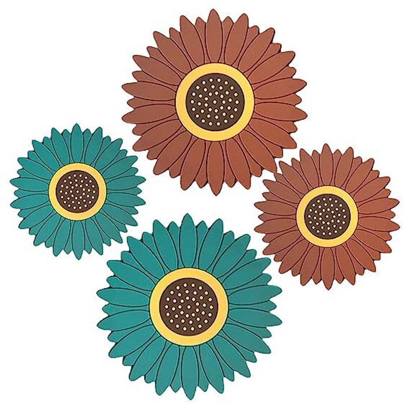 Besillia Silicone Trivet Set - Sunflowers Shape Non-Slip Coaster for Kitchen, Heat-Resistant, Multi-Purpose, Big 20Cm+Medium 15Cm. Random Trivet(Pack of 4)