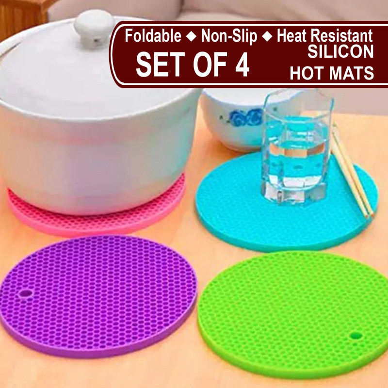 UBAA Silicon Rounded Multipurpose Table Hot Mat, Coasters & [ Net Fabric Pouch ] Foldable, Anti-Slip, Heat Resistant Trivet(Pack of 5)