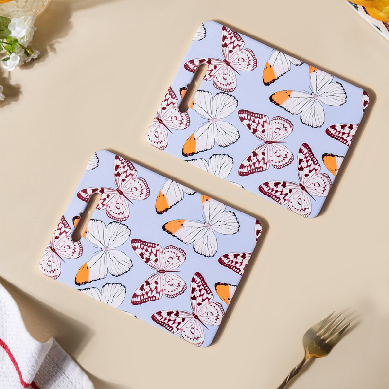 Nestasia Multicolor Handcrafted Gardenia Butterfly Cork Base Ceramic Trivet(Pack of 2)