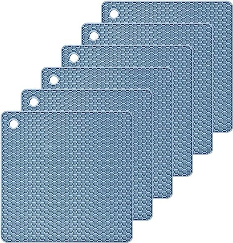 Besillia Silicone Trivets for Kitchen Counter,Hot Pads Pot Holders,Hot Pots and Pans,Blue 6 Square Trivet(Pack of 6)