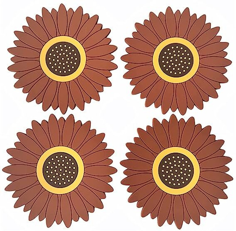Besillia Silicone Mat for Hot & Cold Pot - Cute Sunflower Shaped Table mat Waterproof, Protect Your Furniture from Damage,Brown Trivet(Pack of 4)