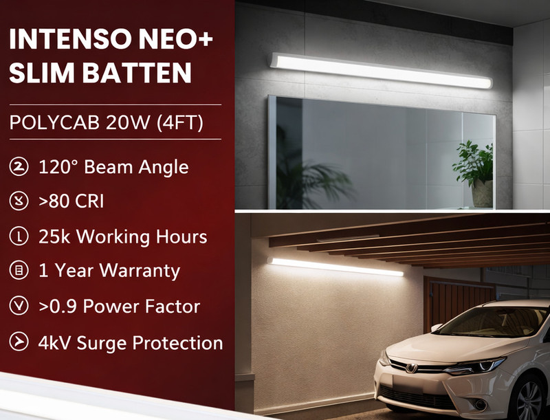 Polycab intenso NEO+ Slim LED Batten 12W (2 Ft) Warm White | Ultra Slim, 120° 12 W 57 cm Tube Light(White, Pack of 3)