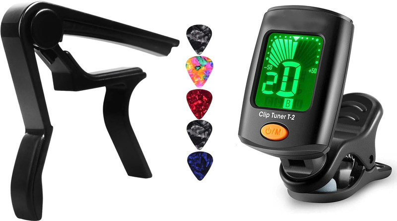 AMG Music Guitar Tuner 360 degree Digital Tuner Easy to Use Highly Accurate Clip-on Tuner Best for Acoustic and Electric Guitar Bass Violin Ukulele With Capo & 5 Picks Automatic Digital Tuner(Chromatic: Yes, Black)