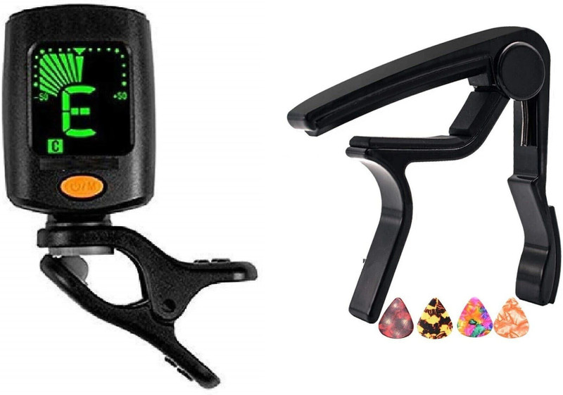 TechBlaze Guitar Metal Alloy Capo + 360 Degree Guitar Tuner with LCD Display for Guitar ,Easy to use , Quick Change Capo ,One Handed Trigger For Acoustic Guitar, Electric and Ukulele Capo Automatic Digital Tuner(Chromatic: Yes, Black)