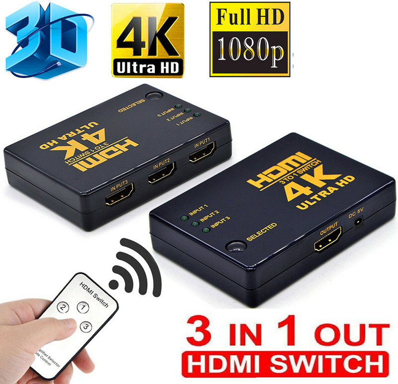 BALRAMA 3 Way HDMI Switch 3x1 with Remote Control 3 Port HDMI Splitter 3 Port IN 1 OUT Combo Set(Black)