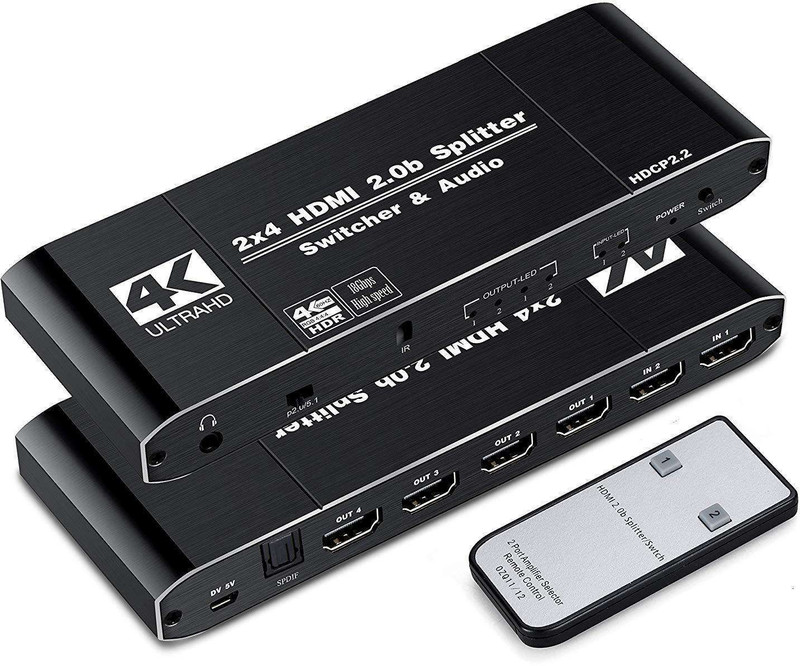 microware  TV-out Cable 2X4 HDMI2.0 Splitter 2 in 4 out Switcher and Audio Separation Hdcp2.2 4K/60Hz(Black, For TV)