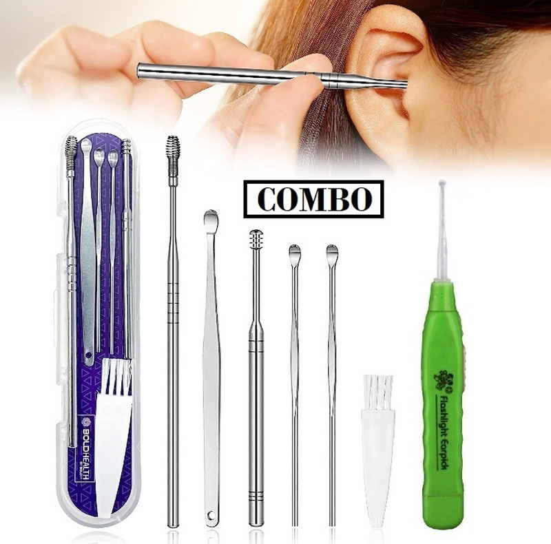 FlyTouch 7 Pcs Led Earpick & SS Earwax Removal Kit, Ear Cleansing Tool Set Ear Curette(7 Items in the set)